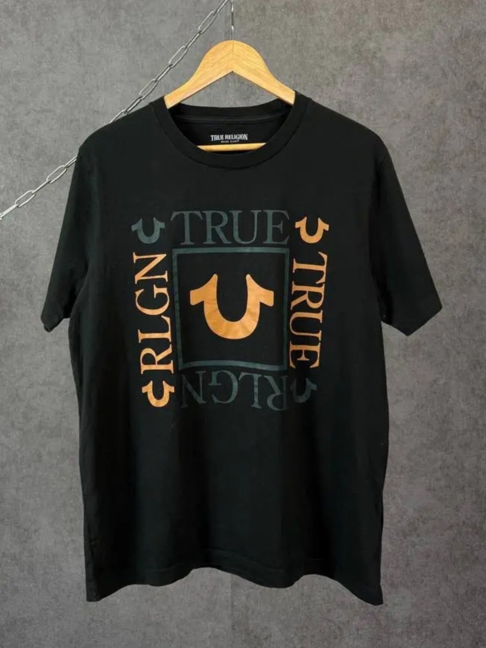 True Religion Black Tee with Gold Graphic Logo